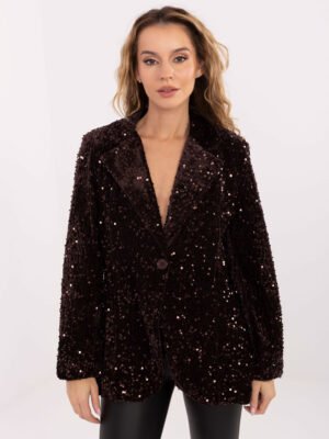 Stilingas vakarėlio švarkas su blizgančių  žvynelių dekoru "ARINA" tamsiai ruda