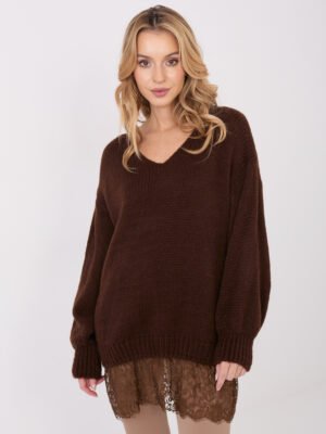 Alternative view of Mohero siūlo ilgas megztinis su gipiūro apačia "ASTRID" tamsi ruda