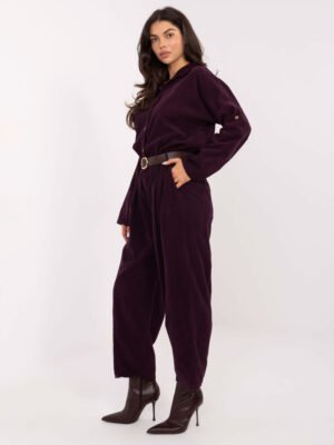 Alternative view of Velveto kelnės su klostėmis ir diržu "BONNI" tamsi violetinė