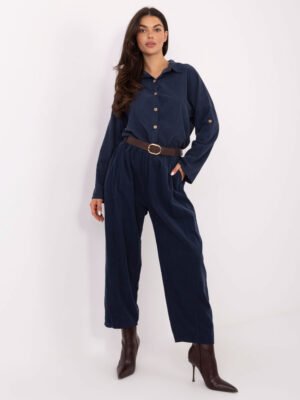 Velveto kelnės su klostėmis ir diržu "BONNI" tamsi mėlyna