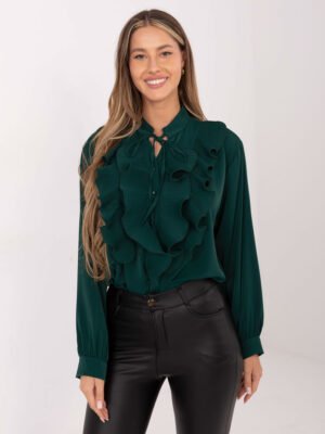 Alternative view of Marškiniai su plisuotais raukiniais ir dekoratyviu kaklo raišteliu "EVELYN" tamsi žalia