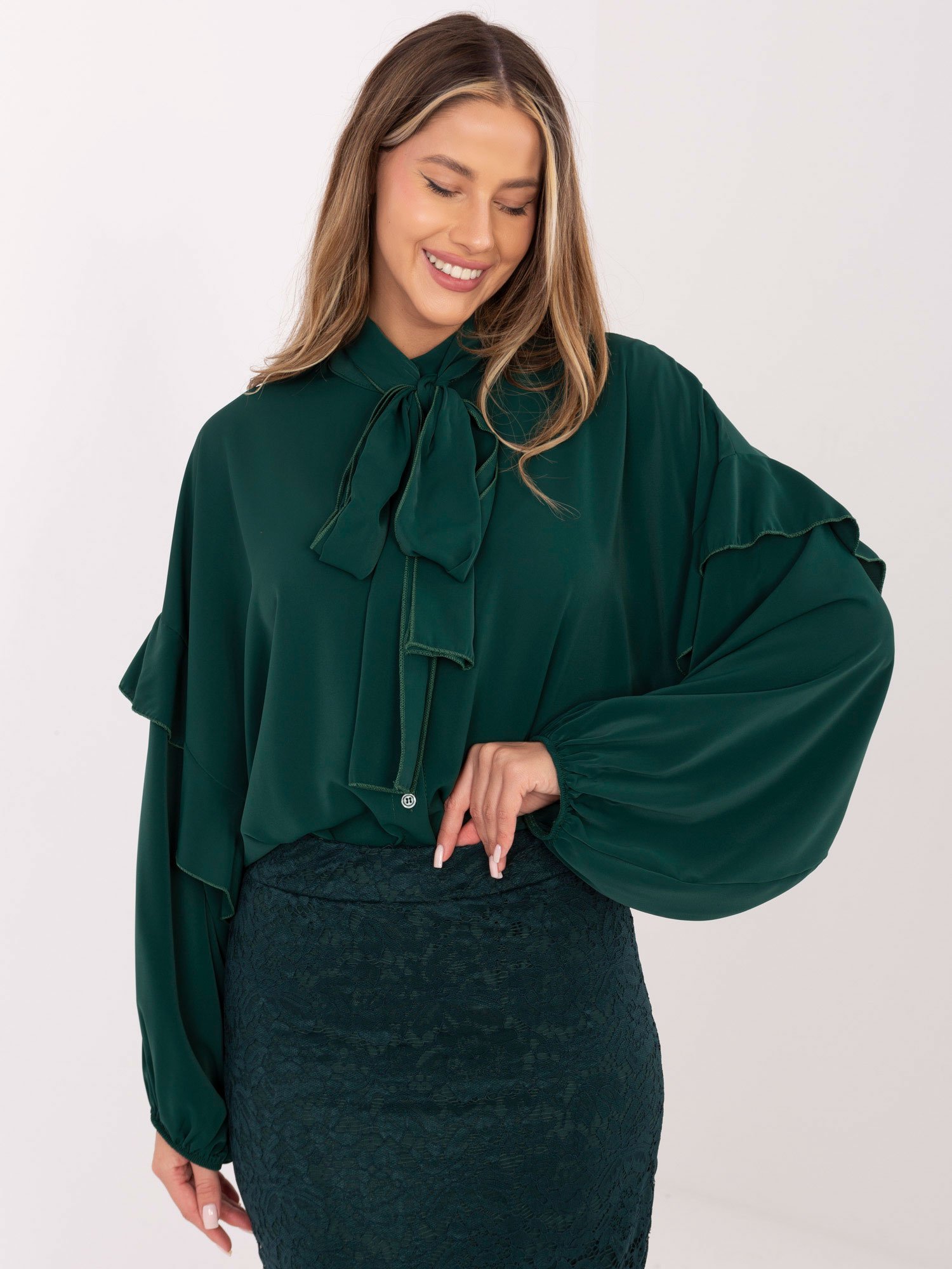 Marškiniai su kaspinu ir pūstomis rankovėmis "CHERYL" tamsi žalia