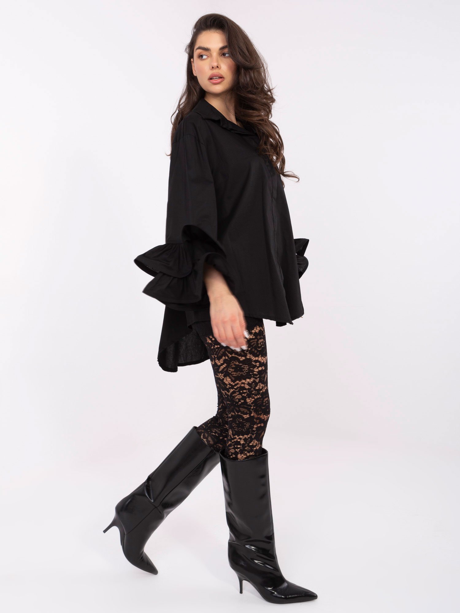 Ilgi marškiniai su išskirtinėmis klostuotomis rankovėmis "SILVIA" juoda - Image 5