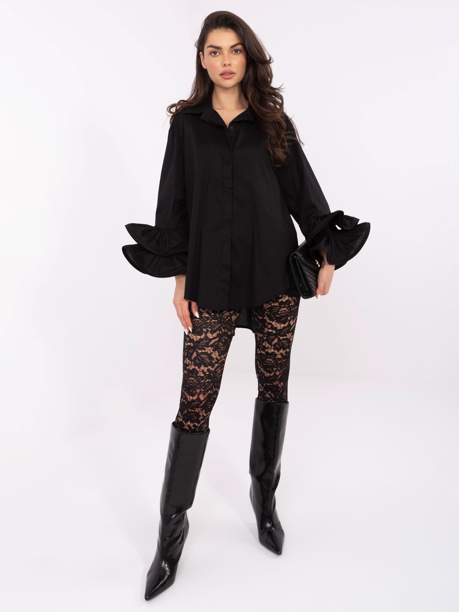 Ilgi marškiniai su išskirtinėmis klostuotomis rankovėmis "SILVIA" juoda