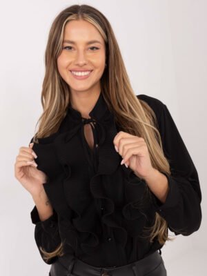 Alternative view of Marškiniai su plisuotais raukiniais ir dekoratyviu kaklo raišteliu "EVELYN" juoda