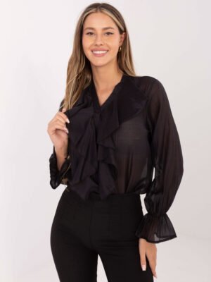 Lengvo audinio marškiniai dekoruoti raukiniais "SILLA" juoda