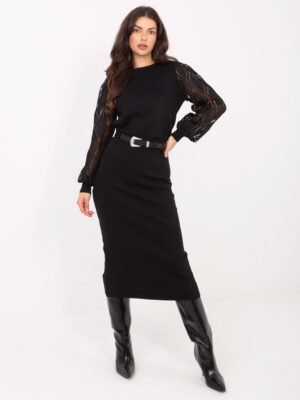 Megztas midi sijonas su diržu ir skeltuku nugaroje "RAFFINE" juoda