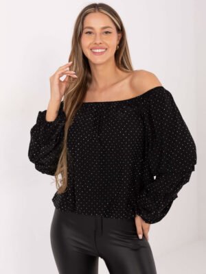 Palaidinė su atidengtais pečiais, blizgančiais taškeliais ir pūstomis rankovėmis "ODETTE" juoda