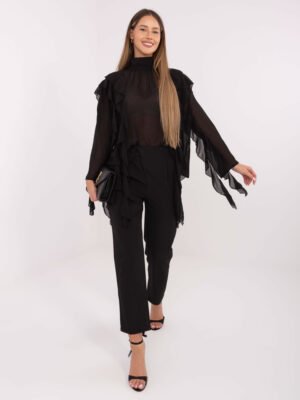 Išskirtinė palaidinė su ilgais plazdančiais raukiniais "CASCADE" juoda