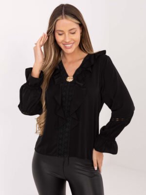 Palaidinė su nėrinių detalėmis, raukiniais ir puošnia sage "LACE" juoda