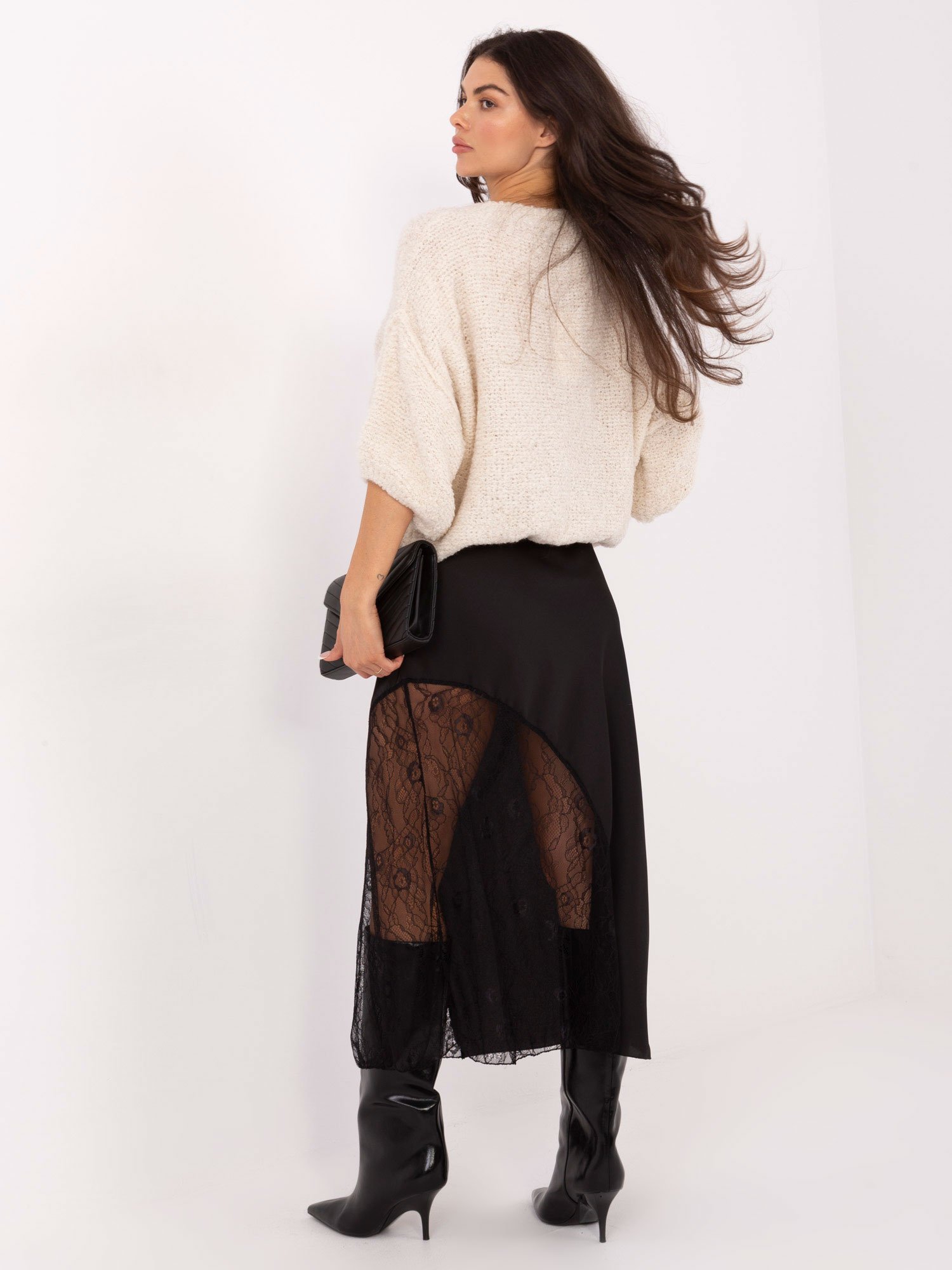 Išraiškingas sijonas su permatomų nėrinių intarpu "PAULA" juoda - Image 3