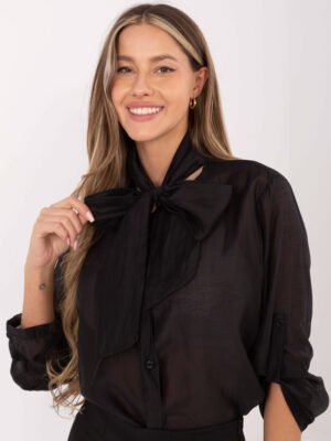 Iš dalies permatomi marškiniai su kaspinu "ROUGE" juoda