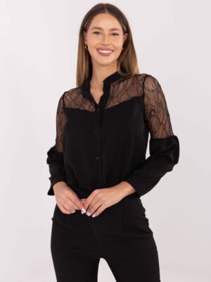 Klasikiniai marškiniai su permatomų nėrinių detalėmis "NORA"  juoda