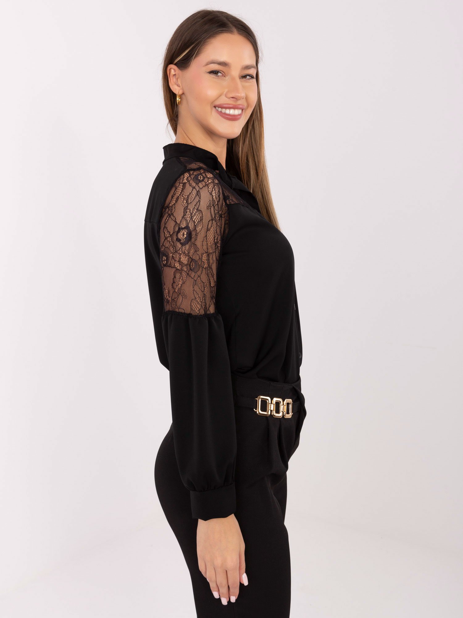 Klasikiniai marškiniai su permatomų nėrinių detalėmis "NORA" juoda - Image 3