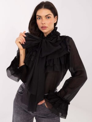 Švelniai permatomi marškiniai su raukiniais ir kaspinu "DIANA" juoda