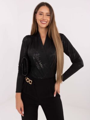 Alternative view of Bodis iš toninio gėlių rašto audinio su persidengiančia iškirpte "LIANA" juoda