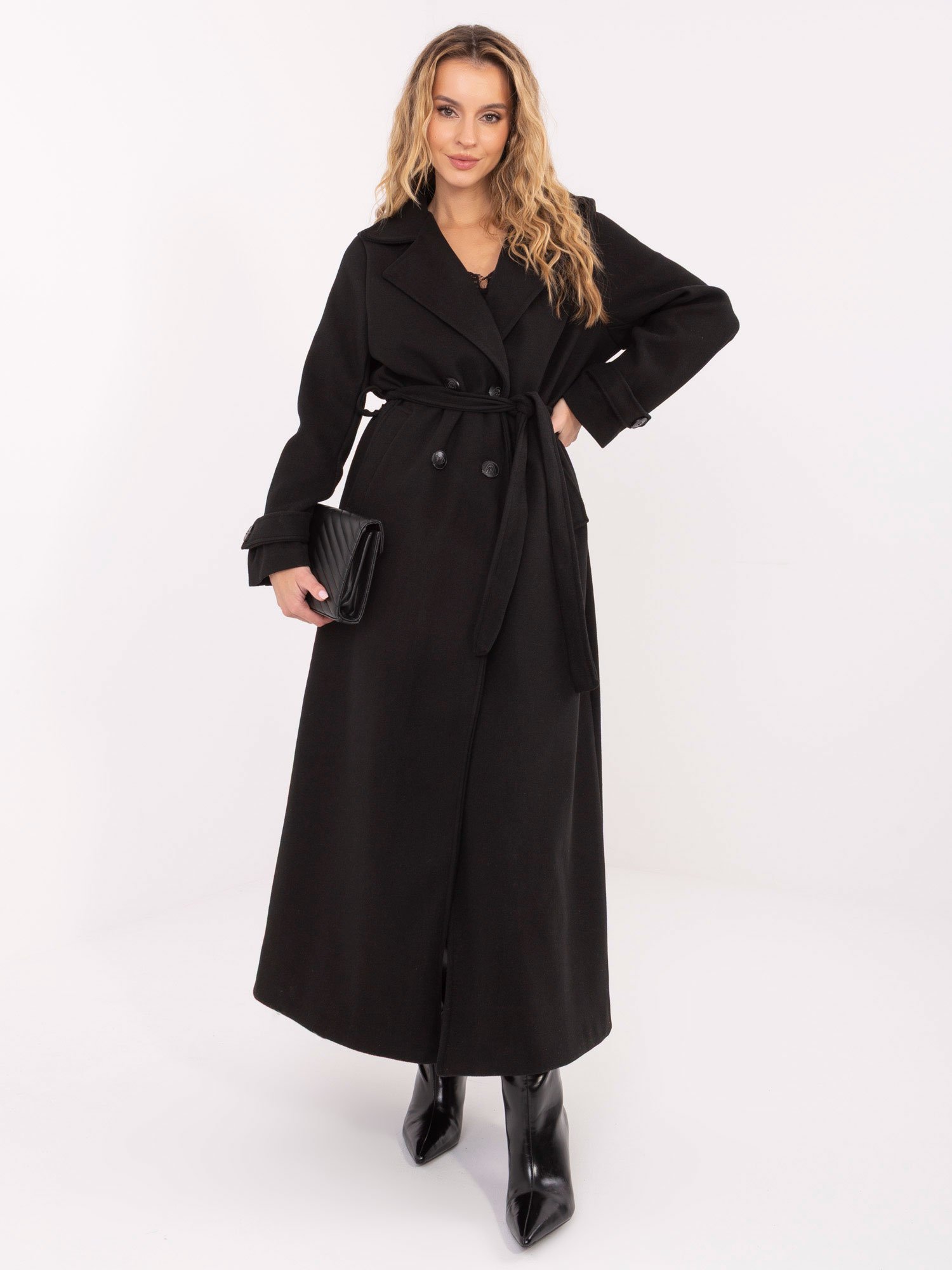 Klasikinis ilgas paltas su dvieiliu užsegimu "SELIA" juoda
