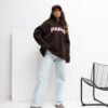 Oversize džemperis su užrašu ir gobtuvu "PARY" tamsi ruda