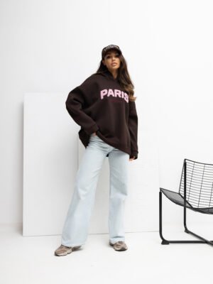 Oversize džemperis su užrašu ir gobtuvu "PARY" tamsi ruda