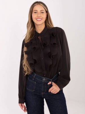 Alternative view of Marškiniai su plisuotais raukiniais ir dekoratyviu kaklo raišteliu "EVELYN"tamsi ruda