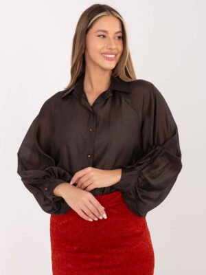 Alternative view of Lengvo audinio marškiniai su klasikine apykakle ir pūstomis rankovėmis "DEBRA" tamsi ruda