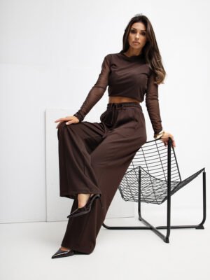 Trikotažinės Palazzo stiliaus kelnės su kišenėmis "MILEY" ruda