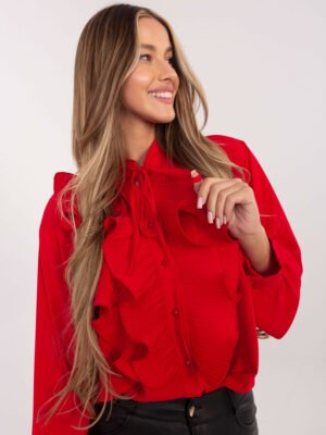 Alternative view of Marškiniai su plisuotais raukiniais ir dekoratyviu kaklo raišteliu "EVELYN" raudona