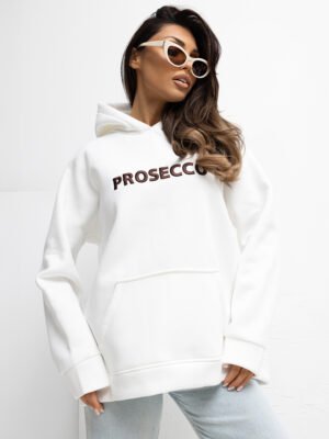 Šiltas dzemperis su kengūros kišene ir užrašu "PROSECCO" pieno balta