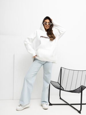 Alternative view of Šiltas dzemperis su kengūros kišene ir užrašu "PROSECCO" pieno balta