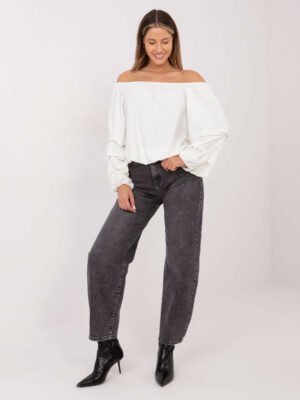 Palaidinė su atidengtais pečiais, blizgančiais taškeliais ir pūstomis rankovėmis "ODETTE" pieno balta