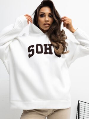 Oversize džemperis su užrašu ir gobtuvu "MOSSE" pieno balta