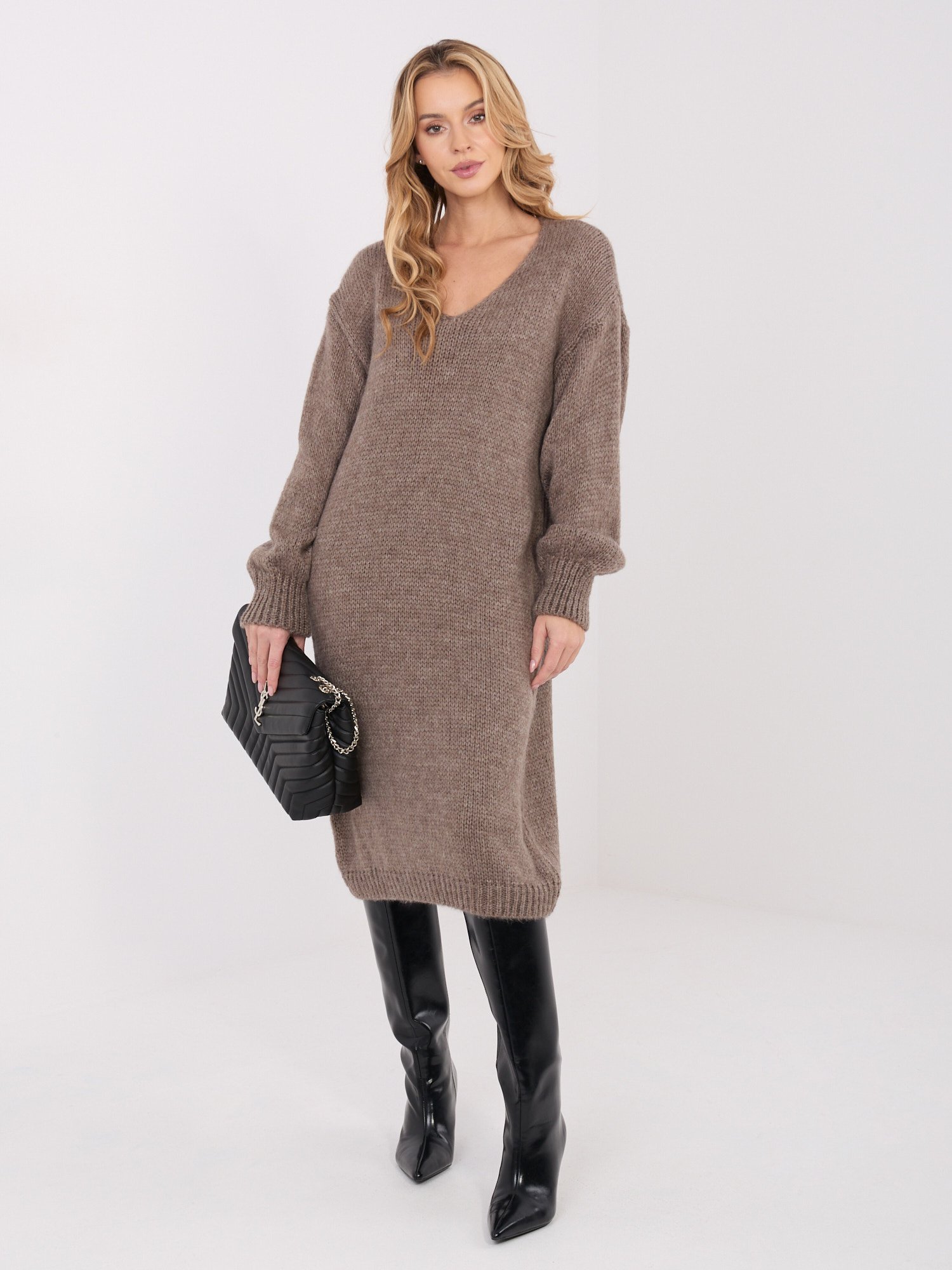 Ilga megzta suknelė su mohera "BRIANA" tamsi smėlio