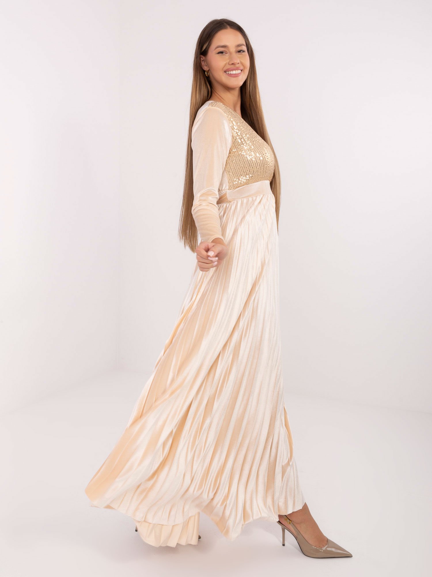 Puošni plisuota veliūrinė suknelė "MAGDA" šviesi smėlio - Image 2