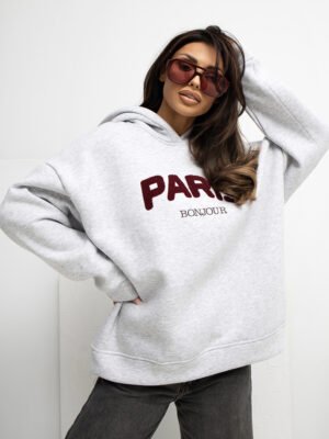 Alternative view of Oversize džemperis su užrašu ir gobtuvu "PARY" šviesi pilka