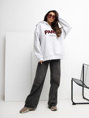 Oversize džemperis su užrašu ir gobtuvu "PARY" šviesi pilka