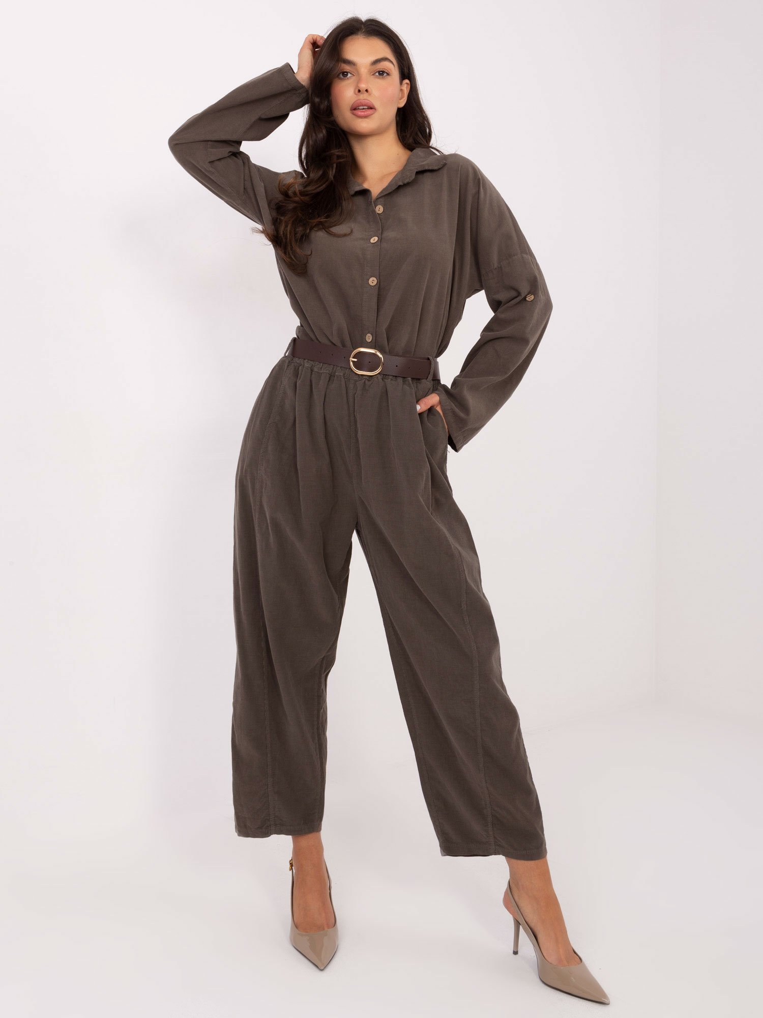 Velveto kelnės su klostėmis ir diržu "BONNI" tamsi khaki