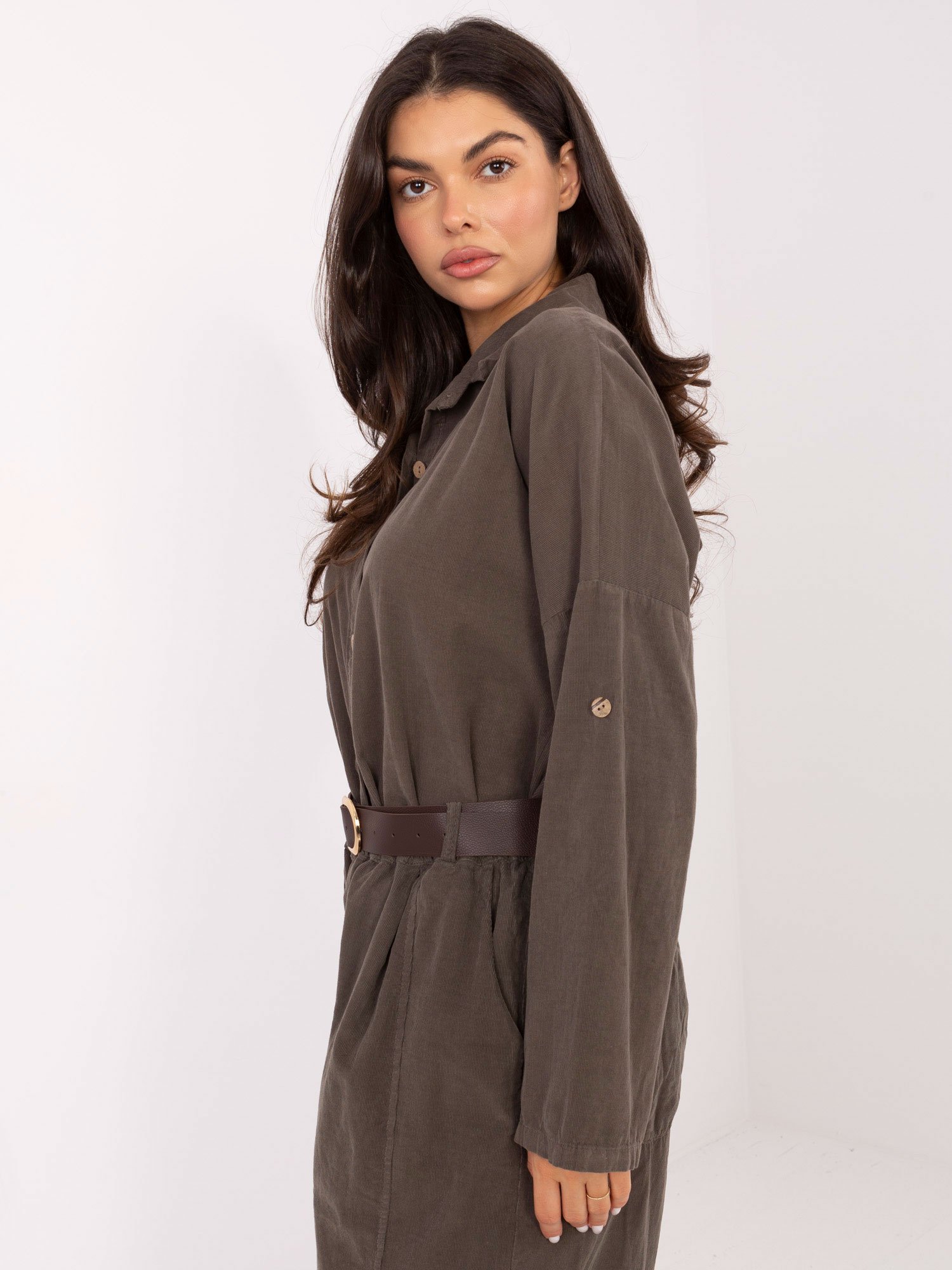 Velveto kelnės su klostėmis ir diržu "BONNI" tamsi khaki - Image 3