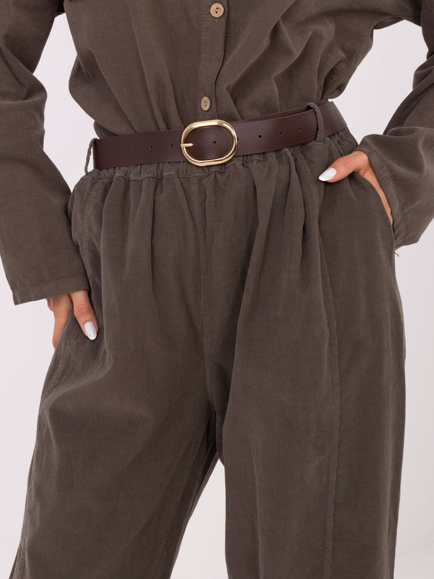 Velveto kelnės su klostėmis ir diržu "BONNI" tamsi khaki - Image 2