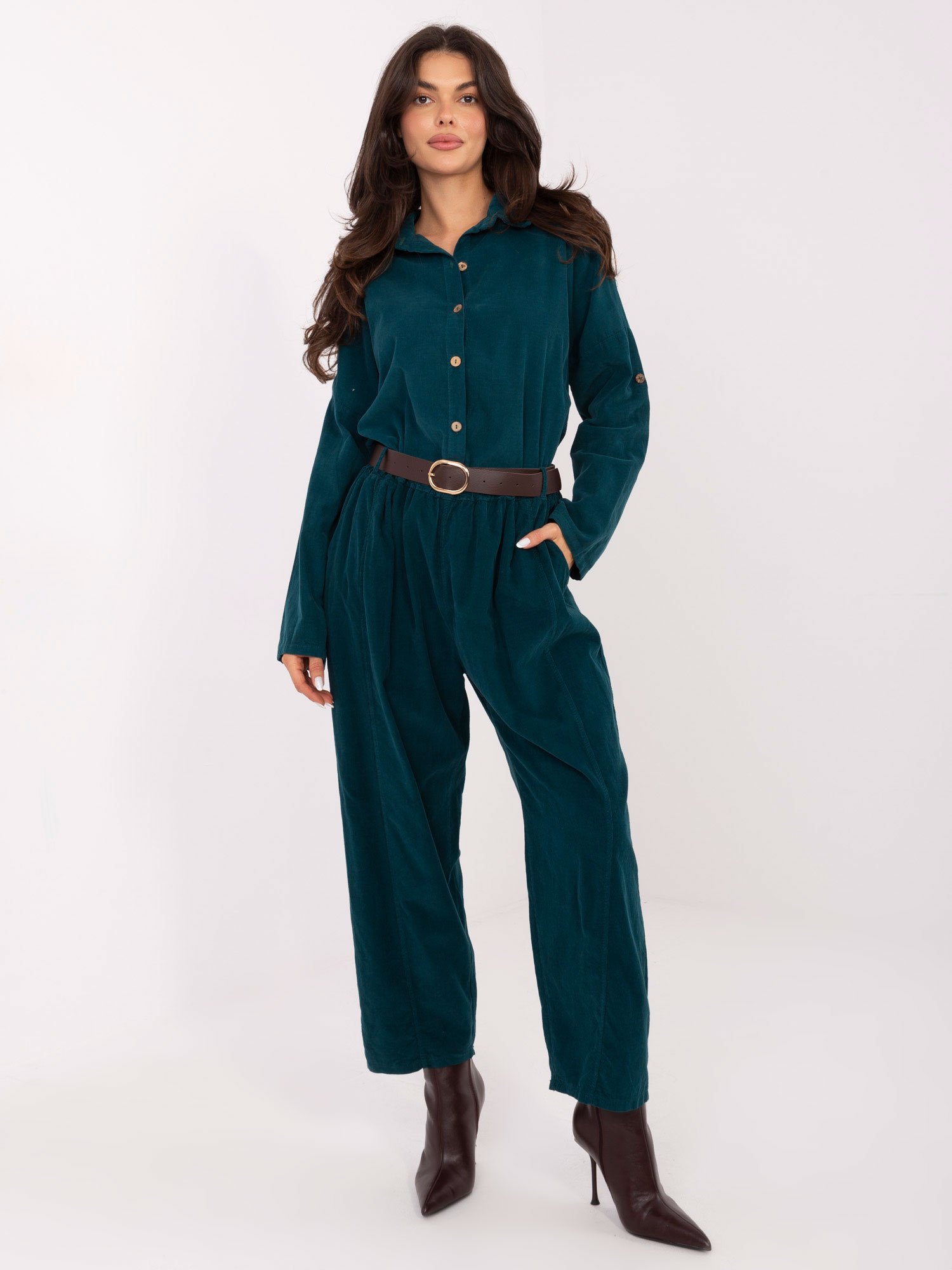 Velveto kelnės su klostėmis ir diržu "BONNI" jūros