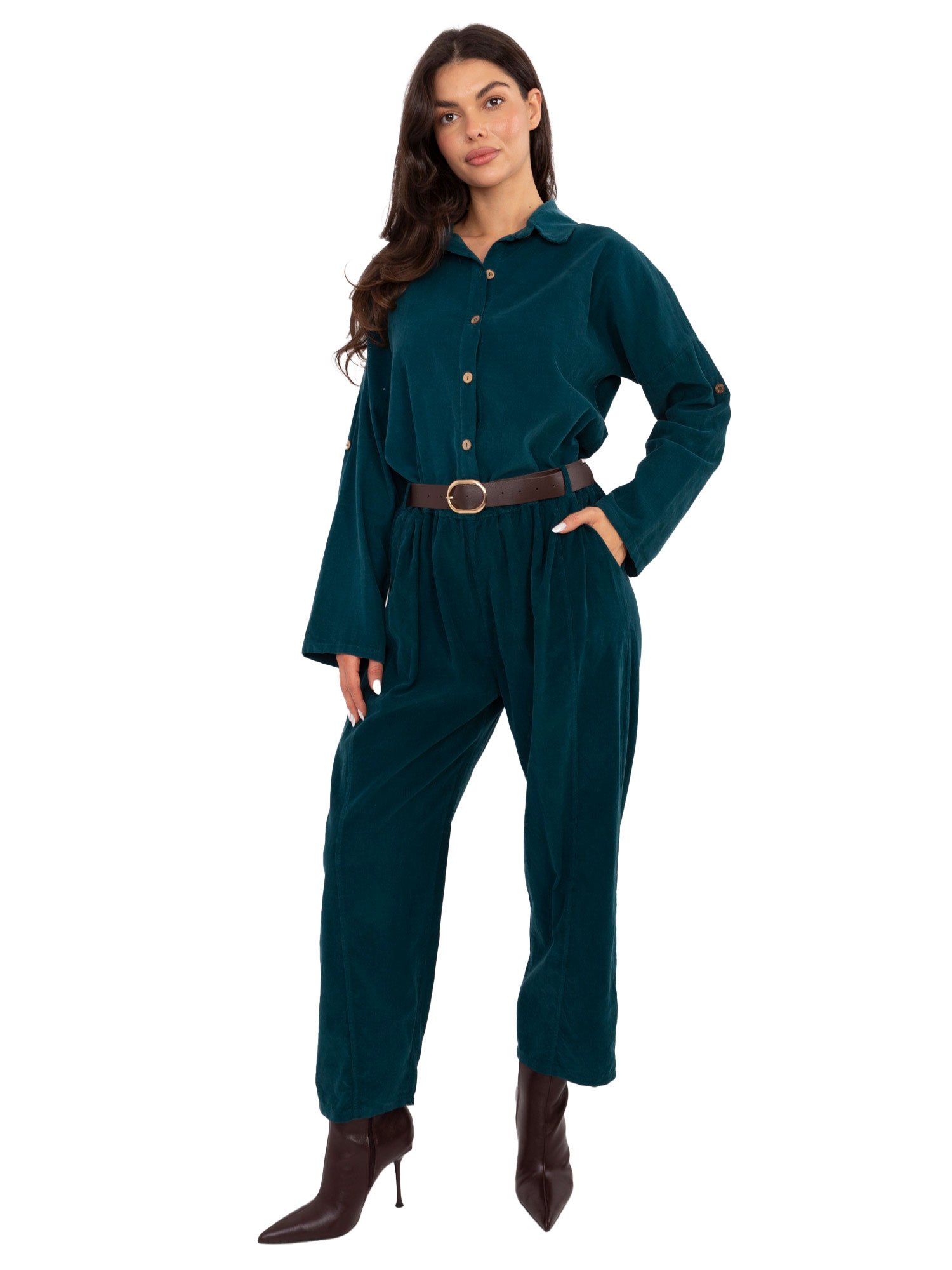 Velveto kelnės su klostėmis ir diržu "BONNI" jūros - Image 3