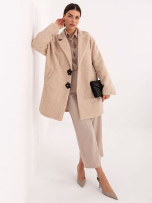 Tekstūrinio audinio paltas puoštas gėlių formos sagomis "CELESTA" smėlio