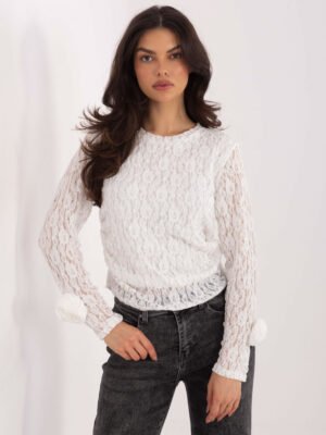 Puošni nėrinių palaidinė su dekoratyviomis gėlėmis ant rankogalių "ANDREA" balta