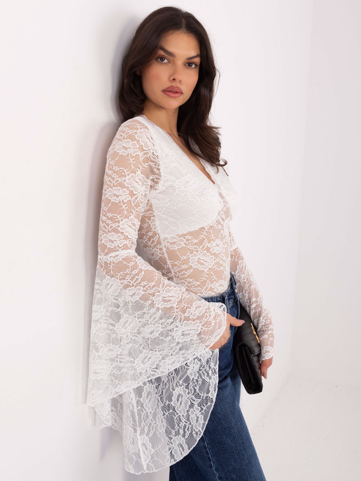 Nėrinių palaidinė su platėjančiomis rankovėmis "URSINA" balta - Image 3