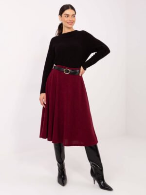 Minkšto audinio platėjantis midi sijonas su diržu "GIZELL" bordo