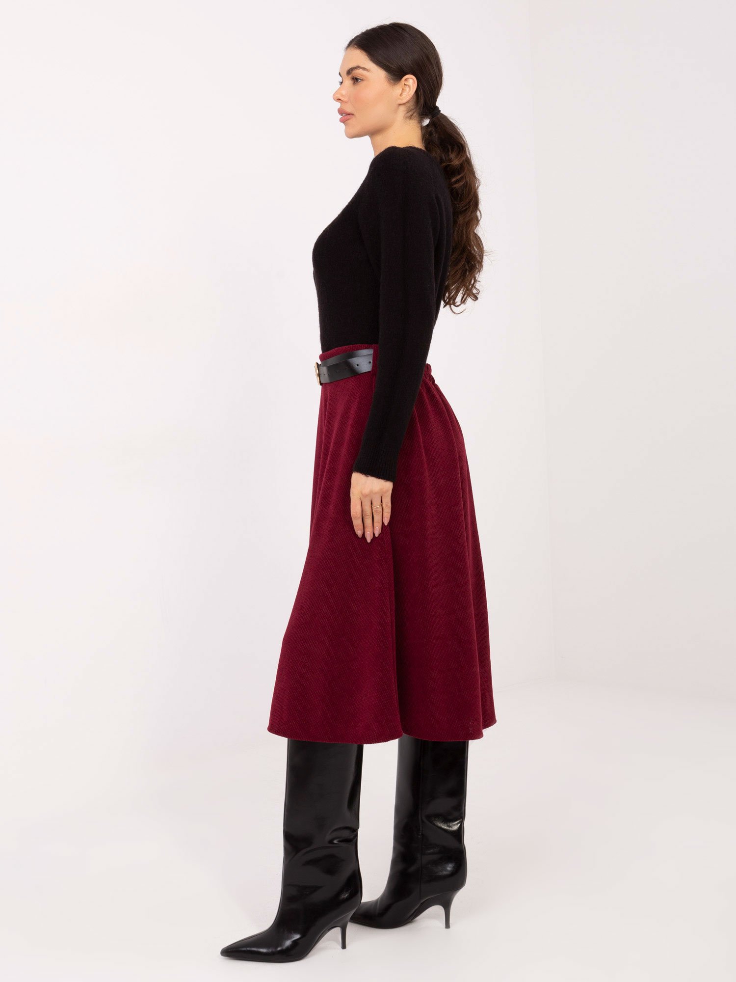 Minkšto audinio platėjantis midi sijonas su diržu "GIZELL" bordo - Image 3