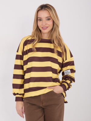 Dryžuotas džemperis pailginta nugara su aplikacija ant rankovės "ARYA" ruda