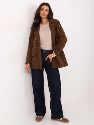 Elegantiškas švarkas dekoruotas cirkoniais "SATYN" tamsi smėlio