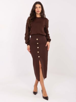 Midi sijonas su skeltuku ir auksinėmis sagomis "CALEN" ruda