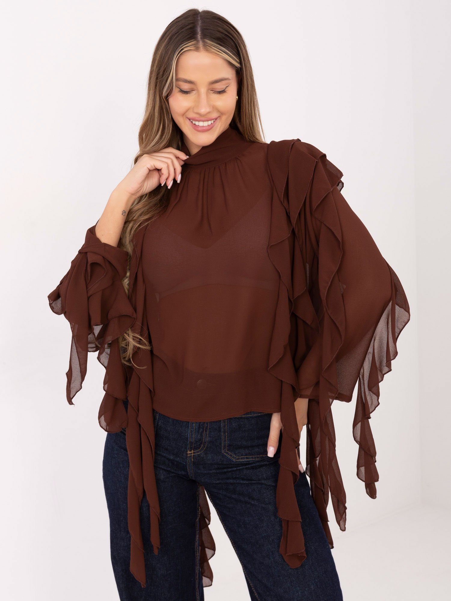 Išskirtinė palaidinė su ilgais plazdančiais raukiniais "CASCADE" ruda