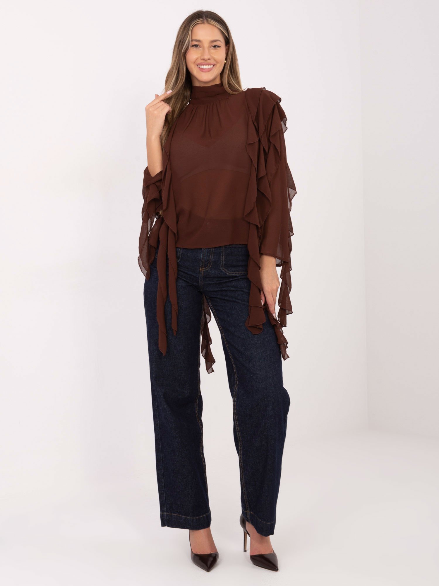 Išskirtinė palaidinė su ilgais plazdančiais raukiniais "CASCADE" ruda - Image 3